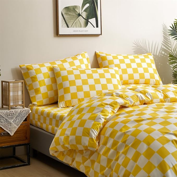 Yellow Checkered Comforter Set King - 3-Piece Bedding Set Lightweight All-Season Comforter with 2 Pillowcases Ultra Soft Microfiber Comforter