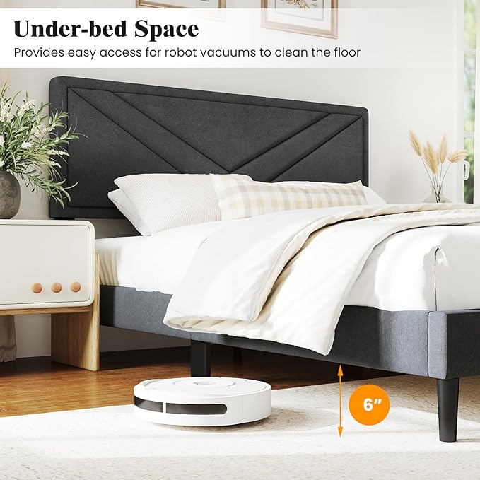 Giantex Queen Platform Bed Frame, Modern Upholstered Bed Frame with Diagonal Channel Tufting, Wooden Slats Support, No Box Spring Needed, Gray