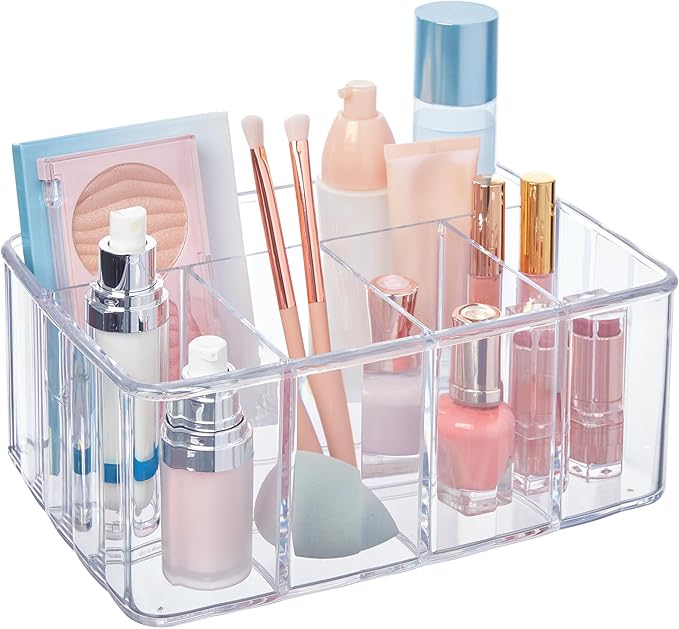 STORi 5-Compartment Clear Plastic Organizer | Rectangular Divided Makeup and Vanity Storage Bin and Office Desk Caddy | Scalloped Wall Design | Made in USA