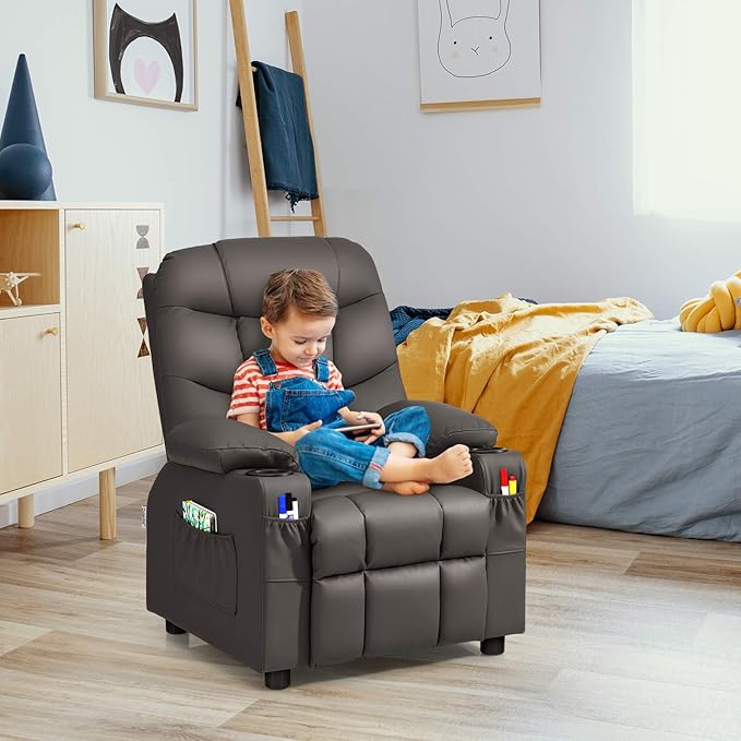 GLACER Kids Recliner Chair w/Cup Holder & Side Pockets, Children Recliner w/Comfortable Backrest, Armrests & Footrest, Toddler PU Leather Recliner for Boys Girls, 3+ Age Group (Brown)