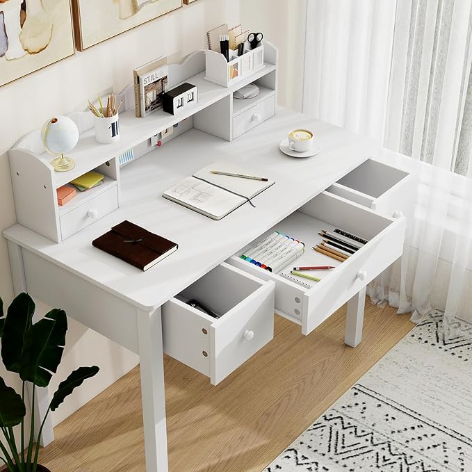 White Wrting Desk with Hutch and Drawers - 40 Inch Small Student Desk for Home Office, Study Desk for Teen