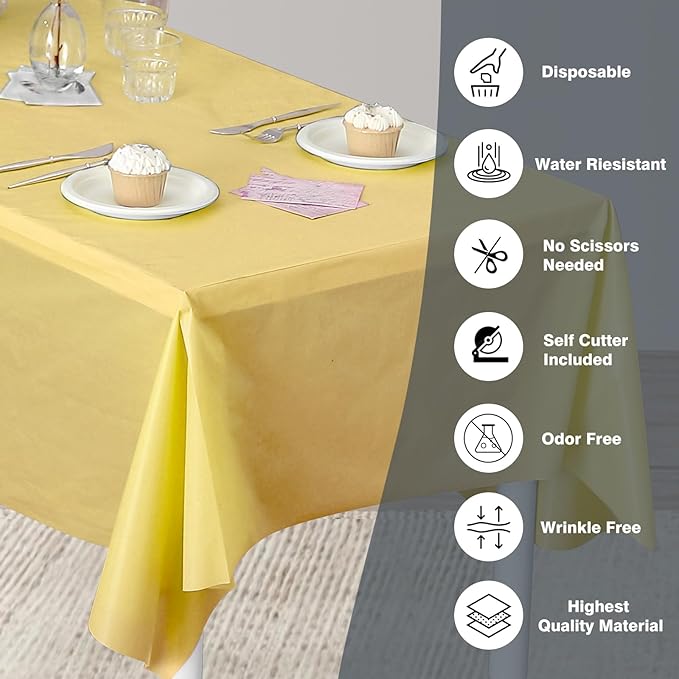 Craft And Party, 54 in x 100 feet Plastic Table Cover Roll for Party, Banquet, Picnic, Kids Activities for Any Size and Shape Table (Yellow, 54" x 100ft)