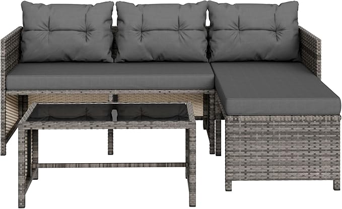 Vongrasig 3 Piece Patio Furniture Sets, All-Weather Wicker Outdoor Sofa Couch Sectional Set, Small Conversation Set for Patio, Garden w/Cushion, Glass Table, (Grey)
