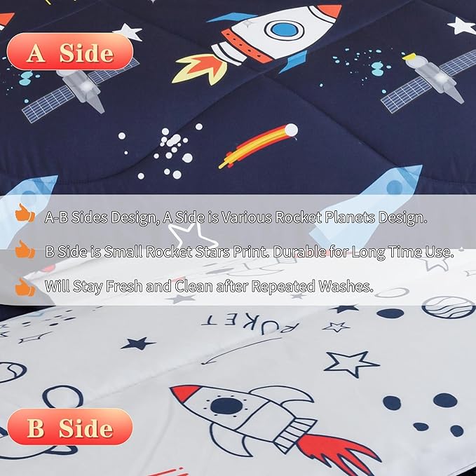 RYNGHIPY Kids Comforter Set Queen Size, Cute Space Rocket Bedding Set for Boys Girls, Teen Boy Bedding (Space Rocket, Queen)