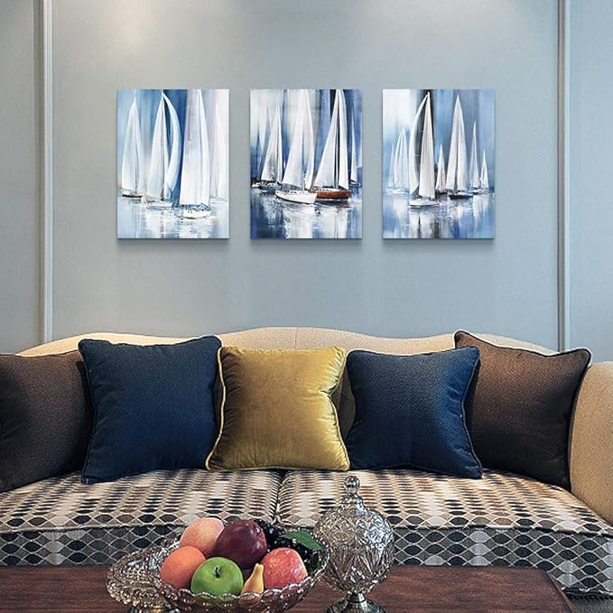 3 Piece Framed canvas wall art for living room bathroom bedroom Wall Art Decor Ocean landscape sailboat abstract Canvas painting Ready to Hang Office Home Decoration sea poster Pictures Wall Artworks