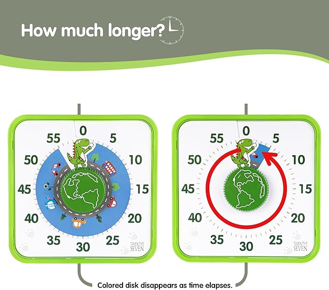 TWENTY5 SEVEN Countdown Timer 7.5 inch, 60 Minute 1 Hour Visual Timer for Classroom Teaching Tool Office Meeting, Mechanical Countdown Clock for Kids Exam Time Management Magnetic, Green Dinosaur