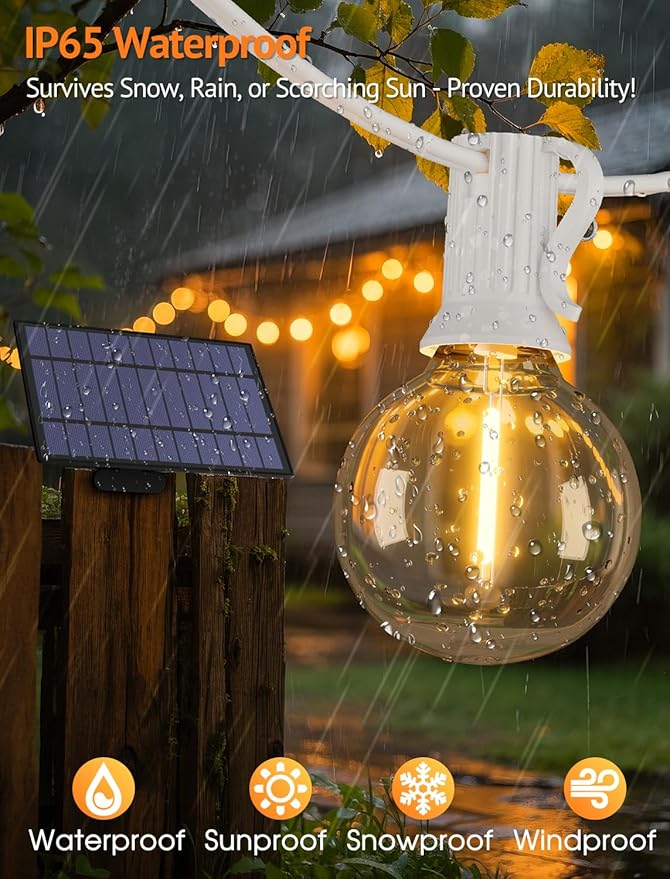 50FT(2x25FT) Solar String Lights Outdoor with Remote, Waterproof Dimmable 3 Modes Patio Lights with 20+2 LED G40 Bulbs for Party Bistro-White