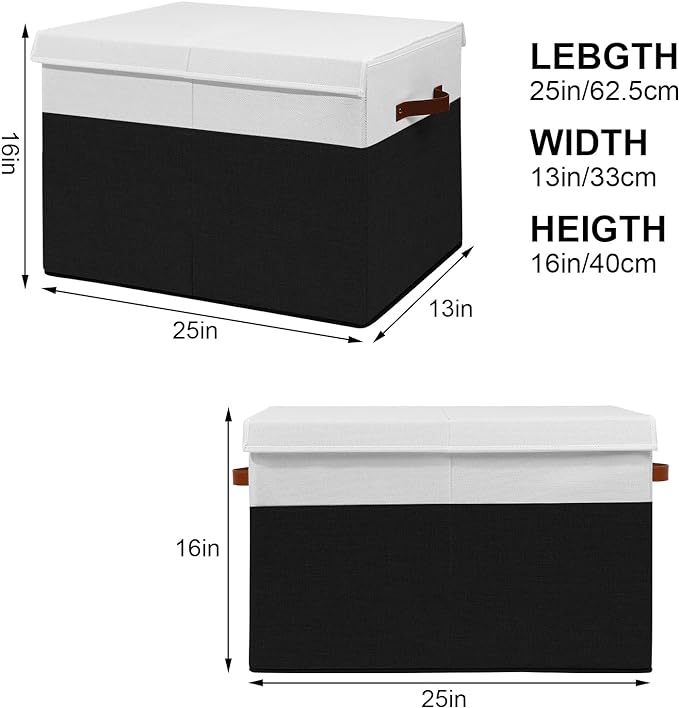 Large Toy Storage Box with Lid, Sturdy Toys Storage Chest Bin Organizer Basket with Dividers for Kids, Boys, Girls, Nursery, Closet, Bedroom, Playroom 25"x13" x16" (Black and White)