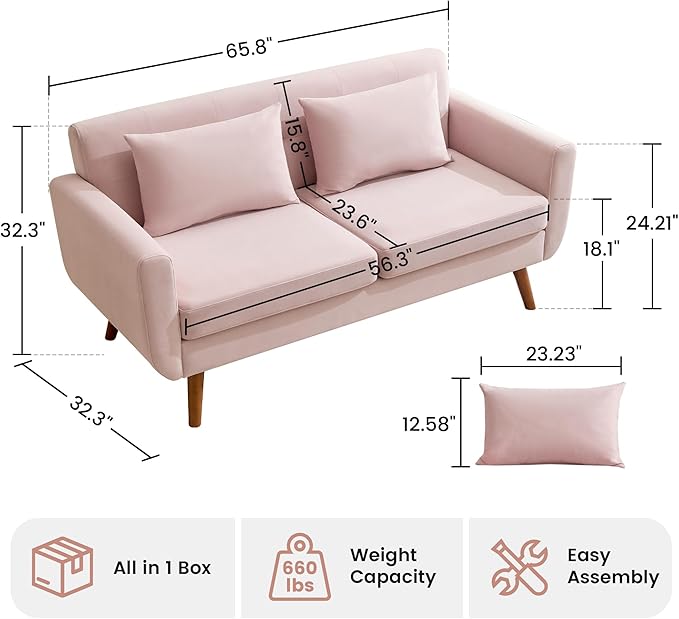 Tbfit 65" W Loveseat Sofa, Velvet Mid Century Modern Love Seat Couches for Living Room, Button Tufted Upholstered Small Couch for Bedroom, Solid and Easy to Install Love Seats Furniture, Pink