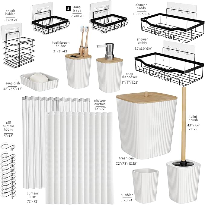 Shower Caddy and Bathroom Accessories Set 25PC Bathroom Accessory Set with Shower Shelf Caddy for Bathroom Storage, White Shower Curtain Set, Toilet Brush, Trash Can, Soap Dispenser, Toothbrush holder