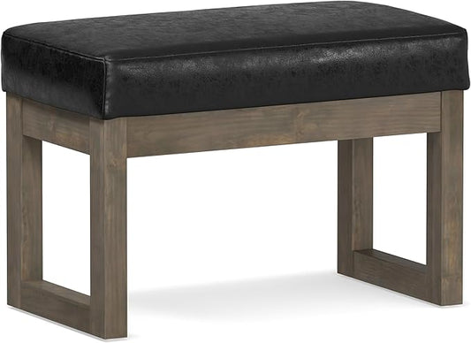 SIMPLIHOME Milltown 27 inch Wide Contemporary Rectangle Footstool Ottoman Bench in Distressed Black Vegan Faux Leather, Assembled, For the Living Room and Bedroom