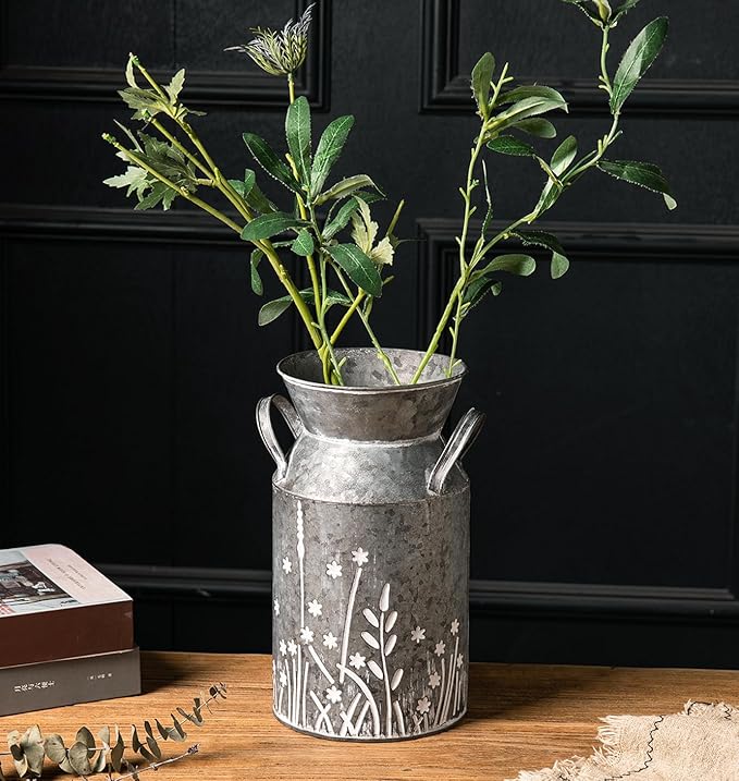 Vintage Galvanized Metal Milk Can, Farmhouse Rustic Flower Pitcher Vase, Decorative Floral Milk Jug Vase for Home Décor, 10.8’’H