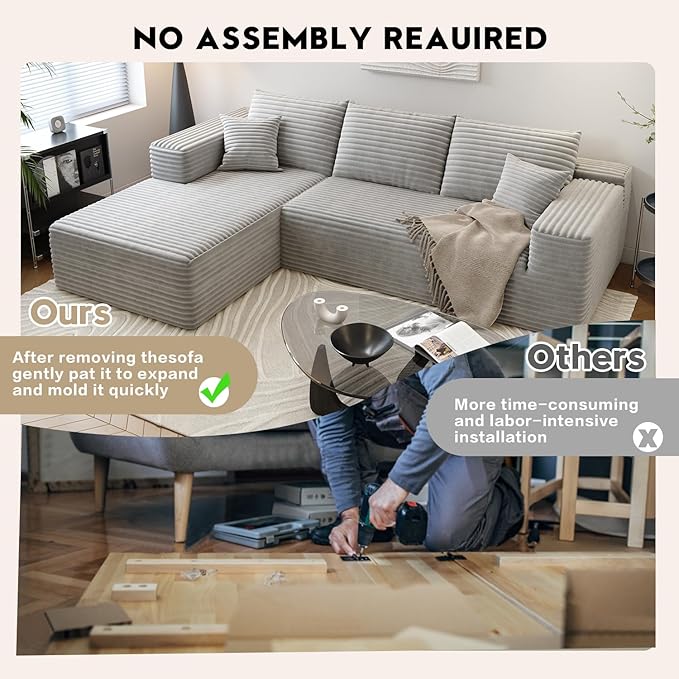 107.5" Cloud Sectional Couch with L-Shape Chaise,Modern Modular Sofa with Deep Seat, Upholstered Couches for Living Room Bedroom Apartments,No Assembly Required, (Grey,Left Facing Chaise)