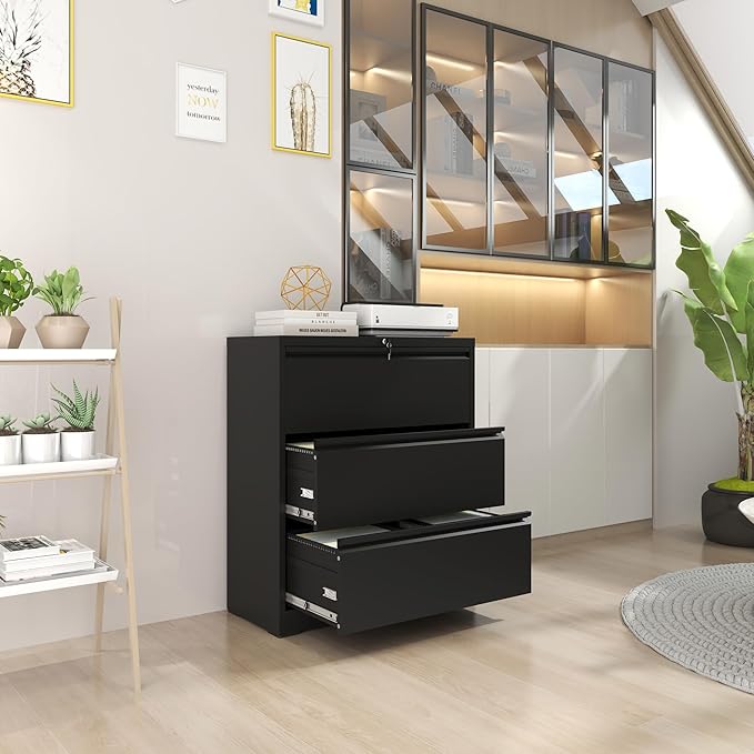 Metal Lateral File Cabinets with Lock,3 Drawer Filing Cabinets for Home Office,Storage Cabinets for Hanging Files Letter/Legal/F4/A4 (Black)