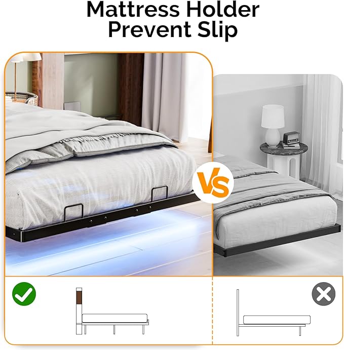 VINGLI Floating Bed Frame Twin Bed with Charging Station and LED Lights,Twin Metal Bed Frame,Cozy Hidden Storage Velvet Upholstered Headboard,No Box Spring Needed,Easy Assembly,Black