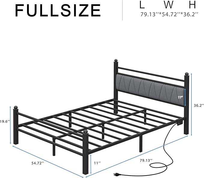 Full Bed Frame with Smart LED Lights, Storage Headboard and USB Charging Station,Heavy Duty Wooden Slats, No Box Spring Needed, Noise Free, Easy Assembly (Modern Black, Full)