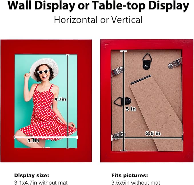 KINLINK 3.5x5 Picture Frames Red, Solid Wood Frames with Plexiglass for Table Top and Wall Mounting, Photo Frames for Horizontal or Vertical Display, 4 Pack