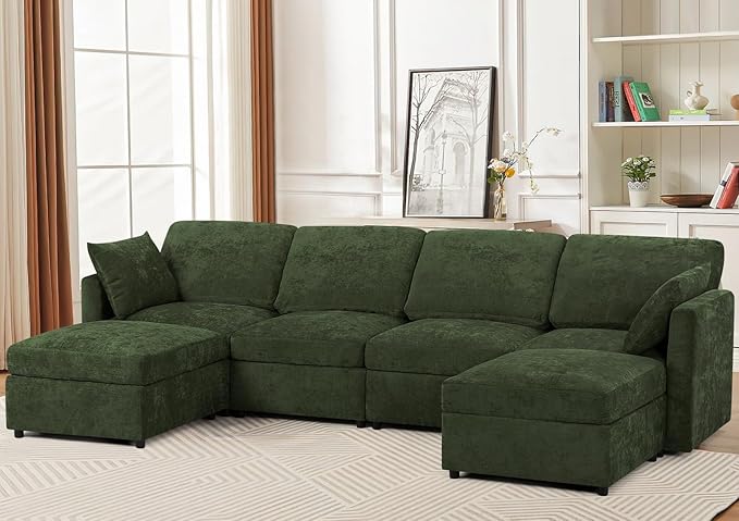 110” Chenille 4 Seats Sofa W/2 Movable Ottoman, Modern Fabric U-Shaped Couch with Soft Backrest, Upholstered Sectional Sofa with Armrest Pillows for Living Room, Office, Green