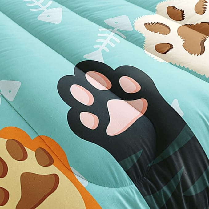 Cat Paws Comforter Bedding Set for Kids Teens,Cartoon Cat Paws and Fish Bones Pattern Lightweight Cyan Comforter with 2 Pillowcases,3pcs(Cat Paws Full)