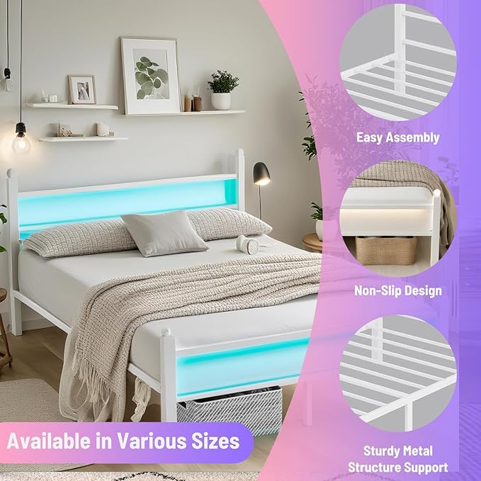Full Size Bed Frame with Headboard and Footboard,Steel Slats Support-LED Bed Frame with USB Charging Station,Mattress Foundation-Under Bed Storage,No Box Spring Needed,Noise Free,White