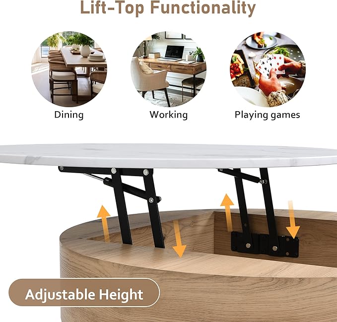 WILLIAMSPACE 31.5" Lift Top Coffee Table Set with Storage & 3 Upholstered Nesting Ottoman, Modern Round Marble Coffee Table Accent Center Table for Living Room, Apartment, White & Natural