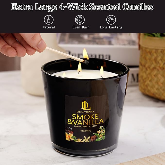 Smoke & Vanilla Scented Candle, Large 30oz Natural Soy Candles, 4-Wick 80 Hour Burn Time, Home Fragrance Candles Housewarming Gift for Women Men