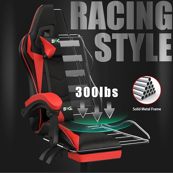 Gaming Chair with Footrest, High Back Ergonomic Computer Gamer Chair with Headrest and Lumbar Support, Racing Style Reclining Game Chair for Adults, Kids (Red-Black)