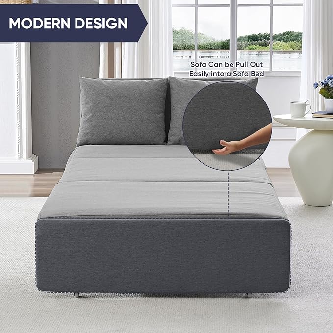 2 in 1 Pull Out Sofa Bed Full Size, Small Convertible Sleeper Sofa Couch, Linen Folding Guest Bed with Wheels and Cushions Pillow, Futon Sofas Couch Beds for Bedroom Office Lounge - Light Grey