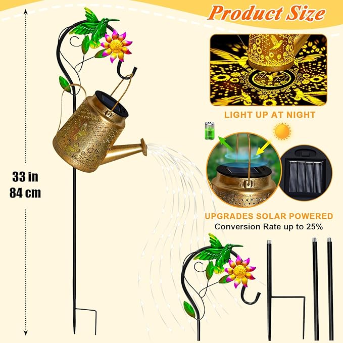 Hummingbird Solar Watering Can Lights, Outdoor Waterproof Garden Lanterns with Shepherd Hook, Solar Garden Decor for Yard Outdoor Landscape Pathway Porch Patio, Gift for Women Mom Grandma, 2 Pack