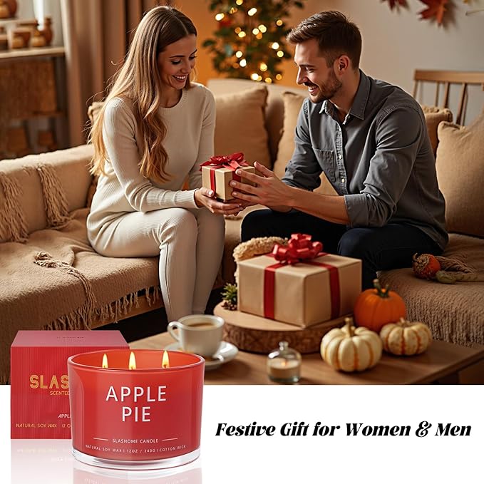 Apple Pie Fall Candle, Large 12oz 3 Wick Luxury Candle, Elegant Autumn Gift for Women & Men, 60+ Hour Burn Time & Non-Toxic, Cozy Fall & Halloween Home Decor
