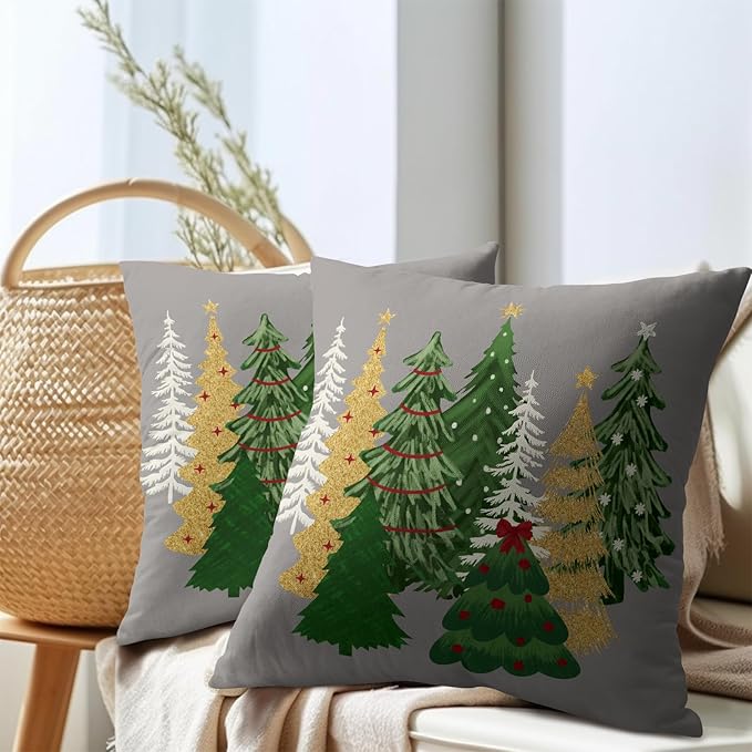 Kawani Christmas Gray Decorative Pillow Covers 20x20 Inch Set of 2 - Tree Outdoor Throw Pillow Covers for Winter Xmas Holiday - Cushion Covers for Home Couch Decor