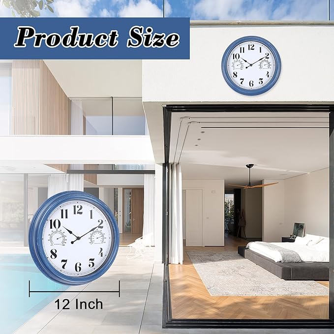 12 inch Outdoor Wall Clock, Plastic Waterproof Outdoor Clock with Temperature & Humidity, Water Resistant Wall Clocks for Patio Garden, Blue