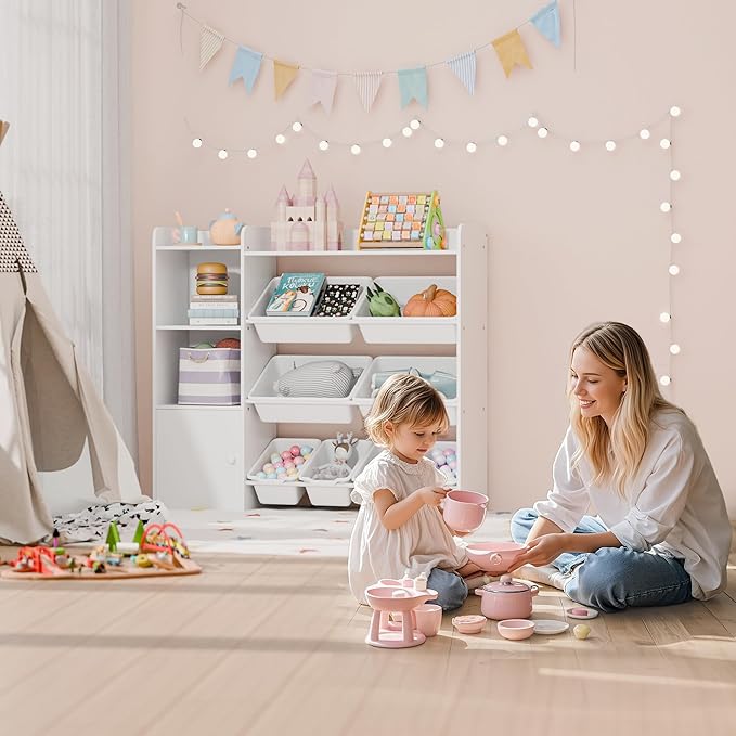 White Toy Storage Organizer, Toy Organizers and Storage Bins, Toy Storage Shelf with 8 Toy Bins, Toy Organizer with Bookshelf, Book Shelf and Toy Storage for Kids Room, Playroom, Bedroom, Nursery