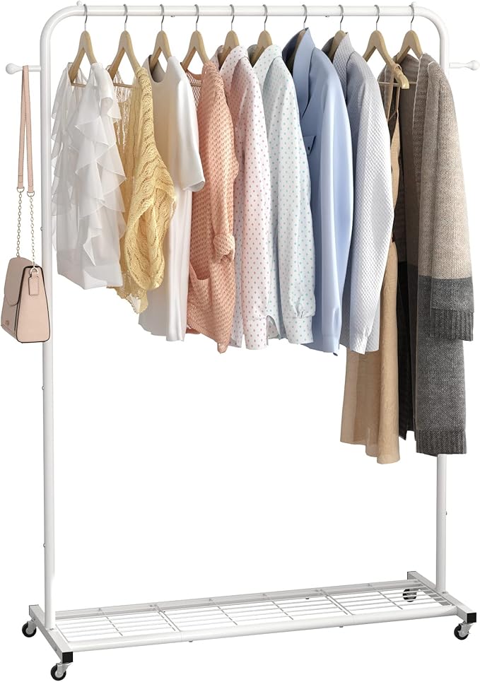 Sywhitta Clothing Rack on Wheels with Mesh Storage Shelf & Sturdy Metal Frame, Rolling Garment Rack for Hanging Clothes, Coats, Skirts, 39.76" L x 16" W x 64.56" H,White