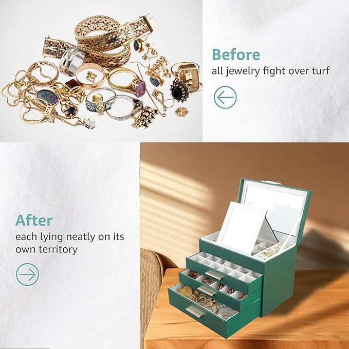BOOVO Jewelry Boxes for Women, White and Black 6 Layer Large Jewelry Box for Necklace, Bracelet, Earrings, Rings Storage, Jewelry holder Organizer for Girls Gift (Dark Green, 4 layer)