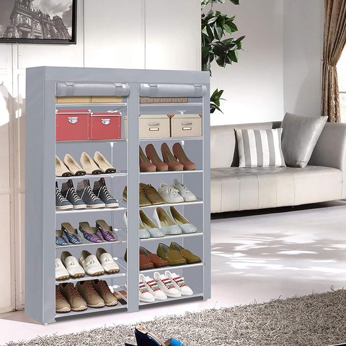ERONE Shoe Rack Storage Organize, 28 Pairs Portable Double Row with Nonwoven Fabric Cover Shoe Shelf Cabinet for Closet