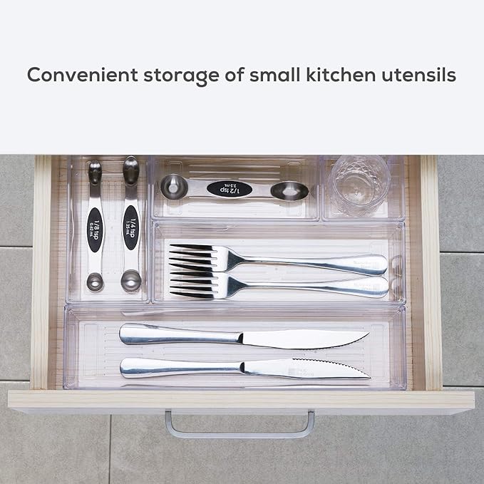 14-Piece Modular acrylic clear drawer dividers and storage bins- 4-Size Clear plastic Drawer Organizer Trays for Vanity,Dresser, Bathroom, Kitchen, Office Gadgets Utensils