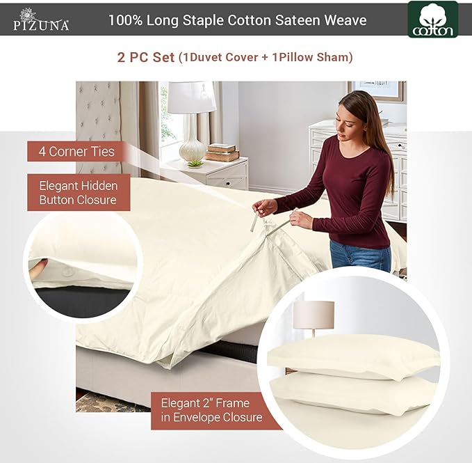 Pizuna Pure 100% Cotton Twin Duvet Cover Set, Luxurious 400 Thread Count Long Staple Cotton Sateen Weave with Button Closure (Combed Ivory Cotton Duvet Cover Twin)