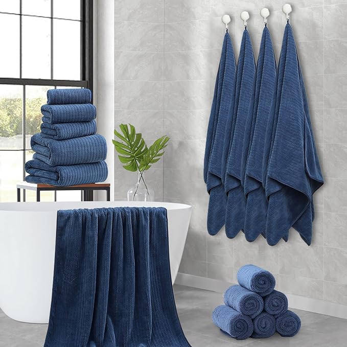 18 Piece Family Bath Towel Set Include 6 Bath Towels,6 Hand Towels and 6 Washcloths Soft Bathroom Towel with Hanging Loops,Highly Absorbent Quick Dry Towels Set for Bathroom,Hotel and Spa-Navy