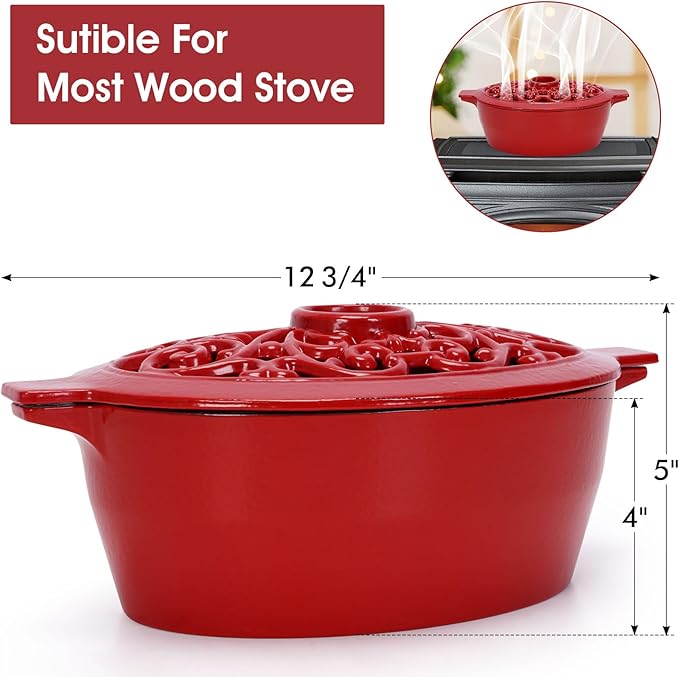 INNO STAGE Wood Stove Steamer, Cast Iron Humidifier for Stove, Home Indoor Decorative, Red Finish, Rust Resistant, Lattice Top, 2.5 Quart Capacity, Patented