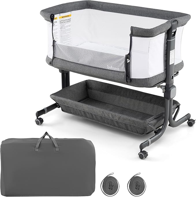 INFANS 3 in 1 Baby Bassinet, Bedside Sleeper with Comfy Mattress, Wheels, 6 Height Adjustable, Storage Basket, Travel Bag, Portable All Mesh Crib for Newborn Infant (Dark Grey)
