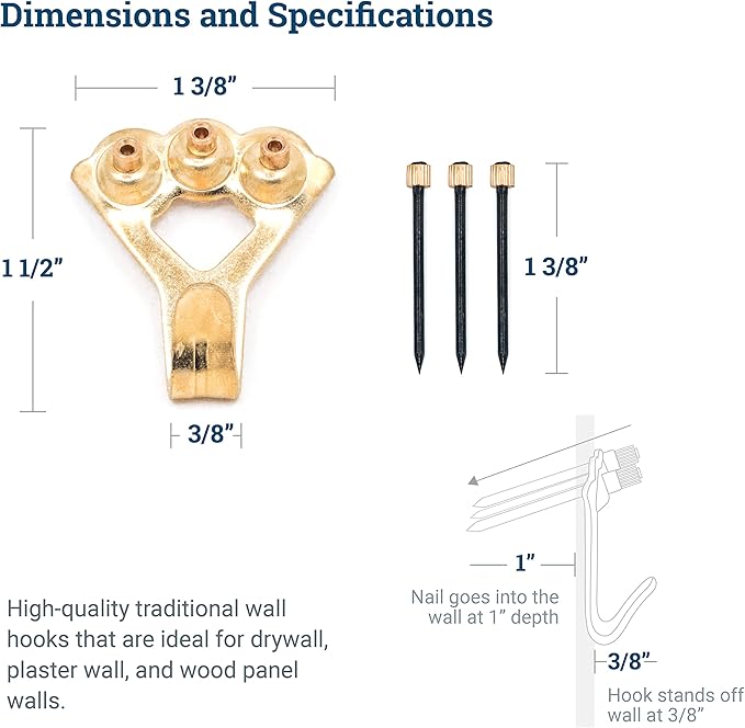 100 lb Picture Hangers, 10 Pack with Nails - Picture Hanging Hooks, Picture Hanging Hardware, Frame Hooks or Hangers, Heavy Duty Picture Hangers, Mirror Hanger - for Drywall and Plaster