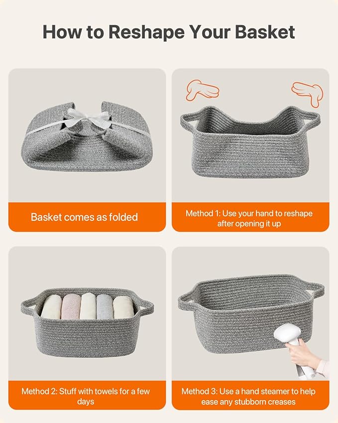 KALLAX Small Woven Basket, 14 x 10 x 5.6 Inches, Small Storage Baskets for Organizing, Gift Baskets Empty, Cute Rope Shelf Closet Storage Bins for Shelves, Dog Toy Basket, Mixed Grey
