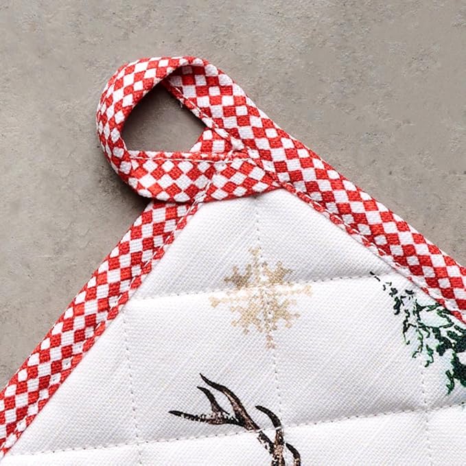 Maison d' Hermine Pot Holders Set 100% Cotton Heat Resistant Potholders 8" x 8" Hot Pads with Loop for Thanksgiving Christmas Decorations BBQ Baking Handling Hot Pans (Pack of 2, Rural Christmas)