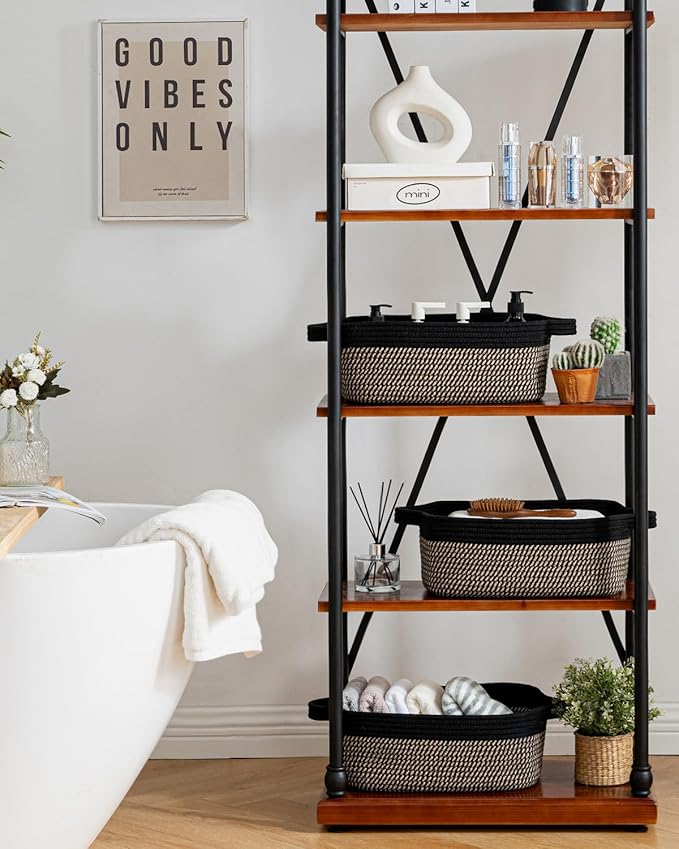 KALLAX Small Woven Basket, 14 x 10 x 5.6 Inches, Small Storage Baskets for Organizing, Gift Baskets Empty, Cute Rope Shelf Closet Storage Bins for Shelves, Dog Toy Basket, Black & Brown