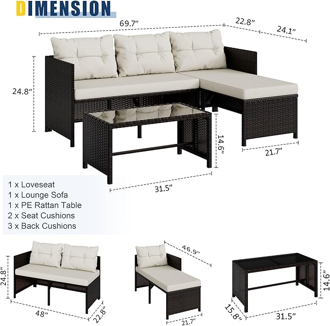 Vongrasig 3 Piece Patio Furniture Sets, All-Weather PE Wicker Outdoor Sofa Couch Sectional Set, Small Conversation Set for Garden/Patio w/Cushion, Glass Table, (Beige)