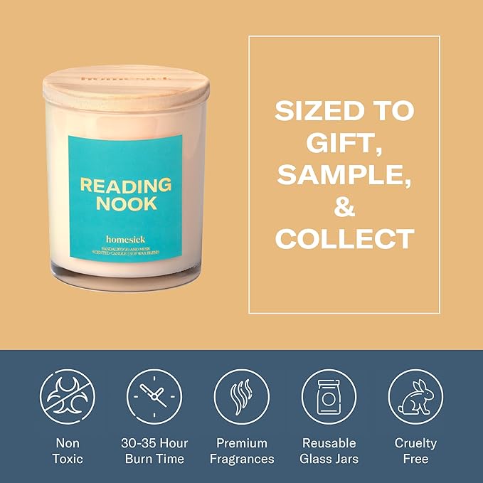 Homesick Scented Candles for Home (Reading Nook) - 7.5 oz Long-Lasting Natural Soy Wax Blend Jar Candle Gift for Women & Men for All Occasions, 30-35 Hours Burn Time - Notes of Sandalwood & Musk