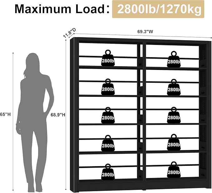 5-Tier Bookshelf, Black Bookcase with Adjustable Storage Shelves, Freestanding Bookcases and Bookshelves, Wide Bookshelf for Home Office, Living Room, Bed Room, Including Book Stopper (Black)