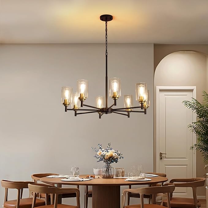9MMML 8 Lights Black and Gold Chandelier, Modern Glass Ceiling Chandelier Light Fixture, Large Ceiling Hanging Light for Dining Room, Living Room, Bedroom, Kitchen, Over Table, Foyer, E26 Base