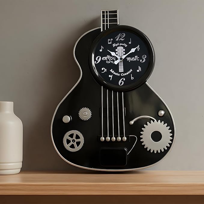 Metal Guitar Wall Clock Musical Decor for Music Lovers,H16 inches Guitar Players, Music Teachers, Studio, Bedroom, Office Silent Non-Ticking Clock – Black Industrial Steampunk Style Gift for Men